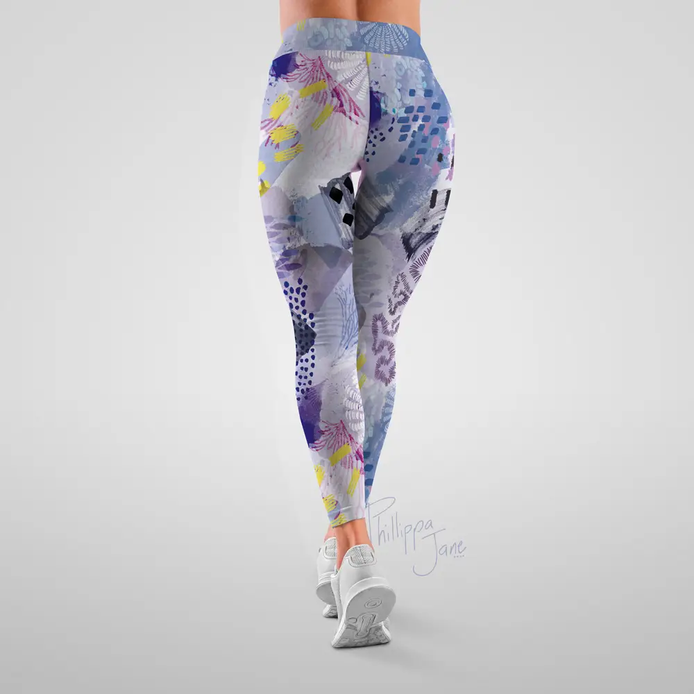 A mockup of activewear tights showcasing the abstract sealife pattern by Phillippa Jane.