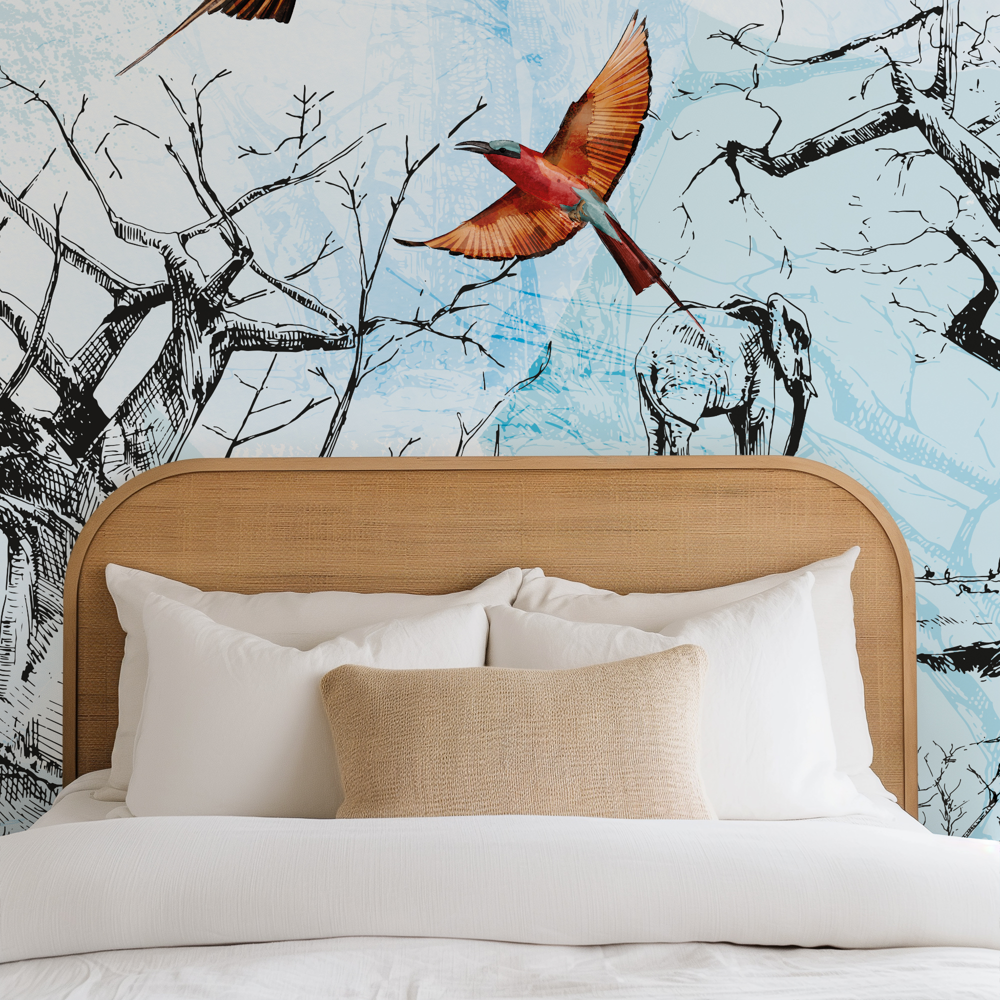 A room mock-up showing the custom wallpaper designed by Phillippa Jane. It incorporated the client's favourite things; carmine bee eaters, baobabs and elephants.